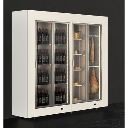 Une élégance technologique pour votre cave à vin  Découvrez cette impressionnante cave à vin réfrigérée qui allie style et performance. Construite en acier, elle affiche des dimensions généreuses de 210 cm de longueur, 205 cm de hauteur et 53 cm de profondeur, offrant une capacité de 240 bouteilles de 750 ml.  Son design épuré et moderne saura séduire tous les amateurs de vins. Chaque détail a été soigneusement pensé pour une expérience d'utilisation optimale. Avec ses températures réglables de 4°C à 18°C pour chaque compartiment, vous pourrez conserver vos précieuses bouteilles dans les meilleures conditions.  La personnalisation est de mise avec un revêtement extérieur sur-mesure. Le double vitrage à faible émissivité assure une isolation thermique parfaite. À l'intérieur, les étagères en acier permettent une organisation optimale de votre collection.  Dotée d'un système anti-vibrations et d'un éclairage LED, cette cave à vin réfrigérée allie élégance et technologie de pointe. Profitez d'une régulation électronique de la température et d'un affichage digital pour un contrôle précis.  Avec sa garantie de 2 ans, cette cave à vin est l'investissement idéal pour préserver la qualité de vos vins préférés. Faites de votre cave à vin le point focal de votre intérieur !